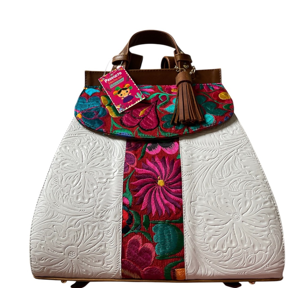 White Vegan Backpack, White backpack, Embroidered Backpack, Floral Backpack - Picture 4 of 10